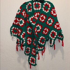 Vintage handmade Granny Square Green and Red Crochet Shawl